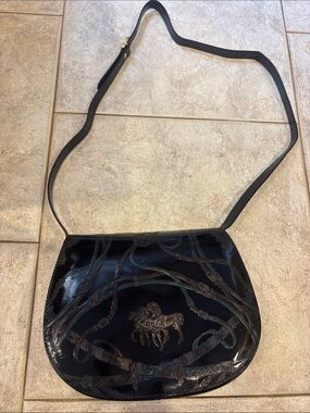 Marco Ricci Venice Collection Black Leather Crossbody Bag with Equestrian Motif